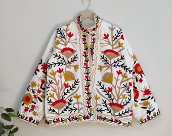 New Colorful Short Embroidered Jacket, Bohemian Suzani Kimono Robe, Handmade Floral Coat, Suzani Short Jacket, popular gift for any occasion