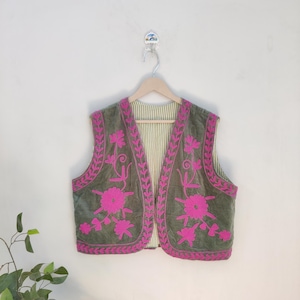 Handmade Vest, Gift For Her/Mom, One size, Embroidered New Velvet Vest, Cotton Suzani Blouse, Boho Embroidered Short Jacket, Rust Suzani Top