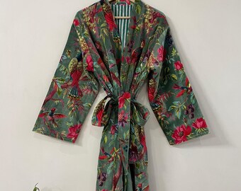 Green Bird Print Velvet Kimono Robes, Morning Tea Velvet Coat, Bridesmaid Robe, Women Wear Cotton Velvet robe, Velvet Jacket, Bridal Robe