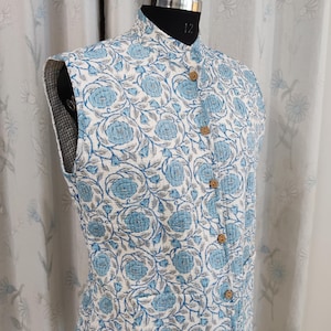 Chaleco blanco con estampado de bloques de algodón vintage hecho a mano de la India más vendido, chaqueta con estampado de bloques de algodón, chaleco, chaqueta de algodón sin mangas, regalo