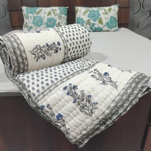 Hand Block Printed Cotton Quilt | Reversible Floral Blanket | Soft Summer Quilt | Jaipuri Bedspread Cozy Indian Comforter | All Season Quilt