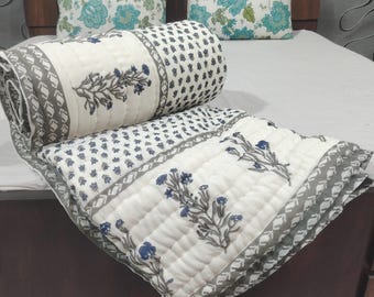 Hand Block Printed Cotton Quilt | Reversible Floral Blanket | Soft Summer Quilt | Jaipuri Bedspread Cozy Indian Comforter | All Season Quilt