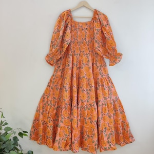 Vestido midi con estampado floral naranja Kyra / Vestido bohemio de algodón, Vestidos para mujer, Regalo para tus seres queridos, Vestido midi, Vestido mini