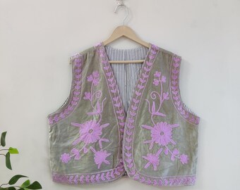Velvet Hand Embroidered Suzani Vest Coat - Velvet Cotton Suzani Vest Jacket, Velvet Fabric - Bohemian Women Suzani Vest - Embroidered Jacket