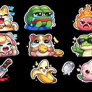 May include: A collection of cartoon stickers on a black background. The stickers feature various animated characters, including a dog, frog, hamster, and a girl, each with different expressions and accessories. Other stickers include a banana, a knife, and a flower.