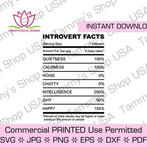 Introvert Facts Valeur nutritive | Fichier téléchargeable, fichier, Cricut, téléchargement immédiat, clipart, clipart, vecteur, eps, jpg, calme, calme, timide