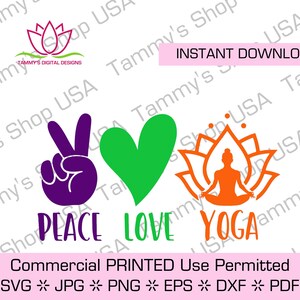 Peace Love Yoga | Downloadbaar bestand, gesneden bestand, SVG-bestand, Cricut, direct downloaden | Downloadbaar bestand, yoga, lotus, vredesteken, hart