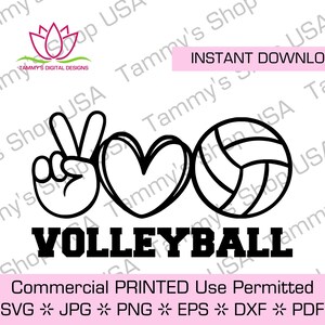 ピース ラブ バレーボール | 商用利用可、ダウンロード可能なファイル、カット ファイル、SVG ファイル、クリカット、クリップアート、ママ シャツ、パパ シャツ、VB シャツ