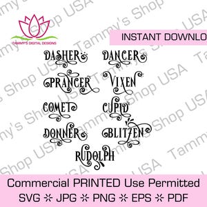 Rentier Namen SVG: Dasher, Tänzerin, Prancer, Füchsin (Cut File)