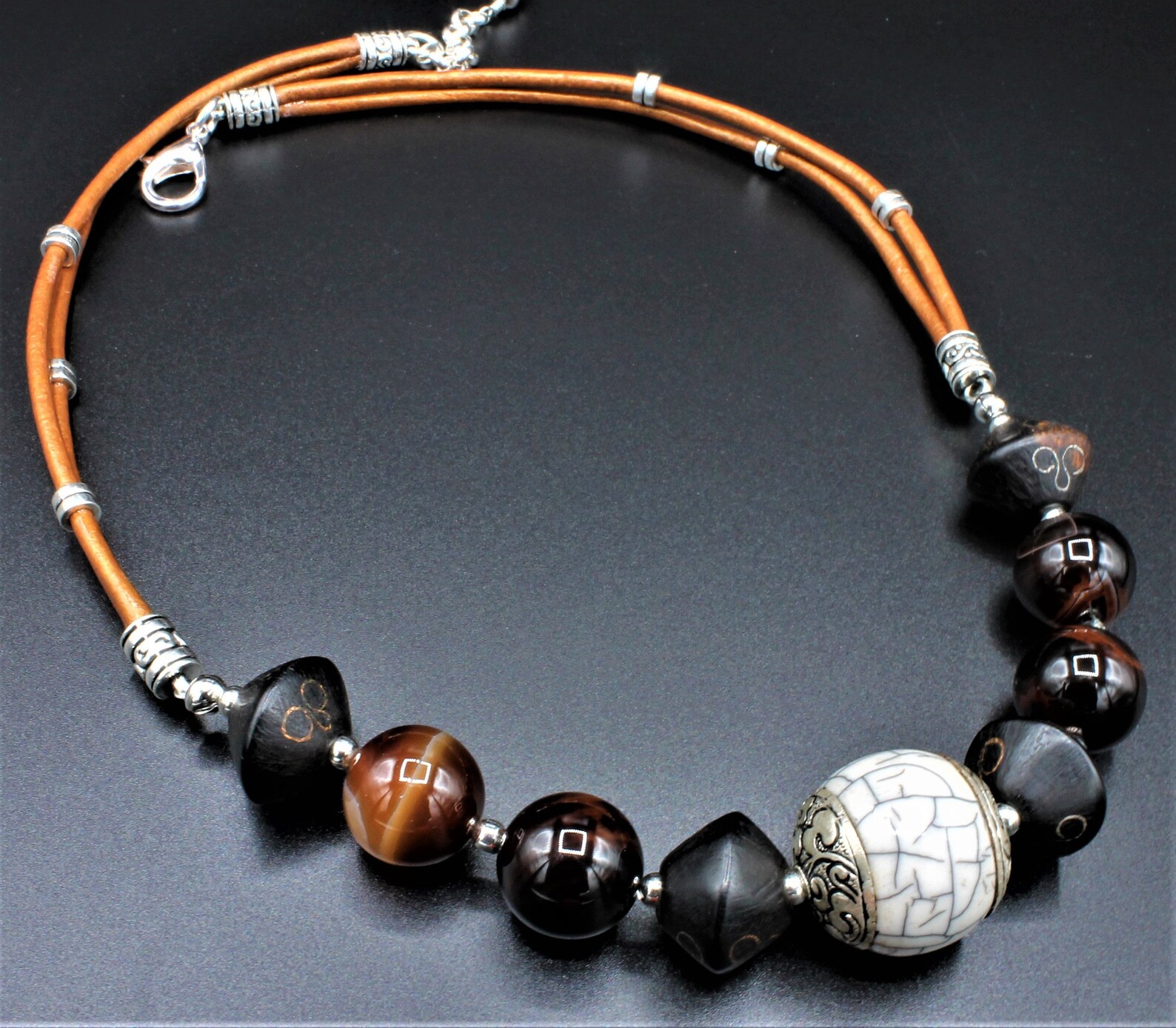 Leather Necklace with Gemstones Etsy