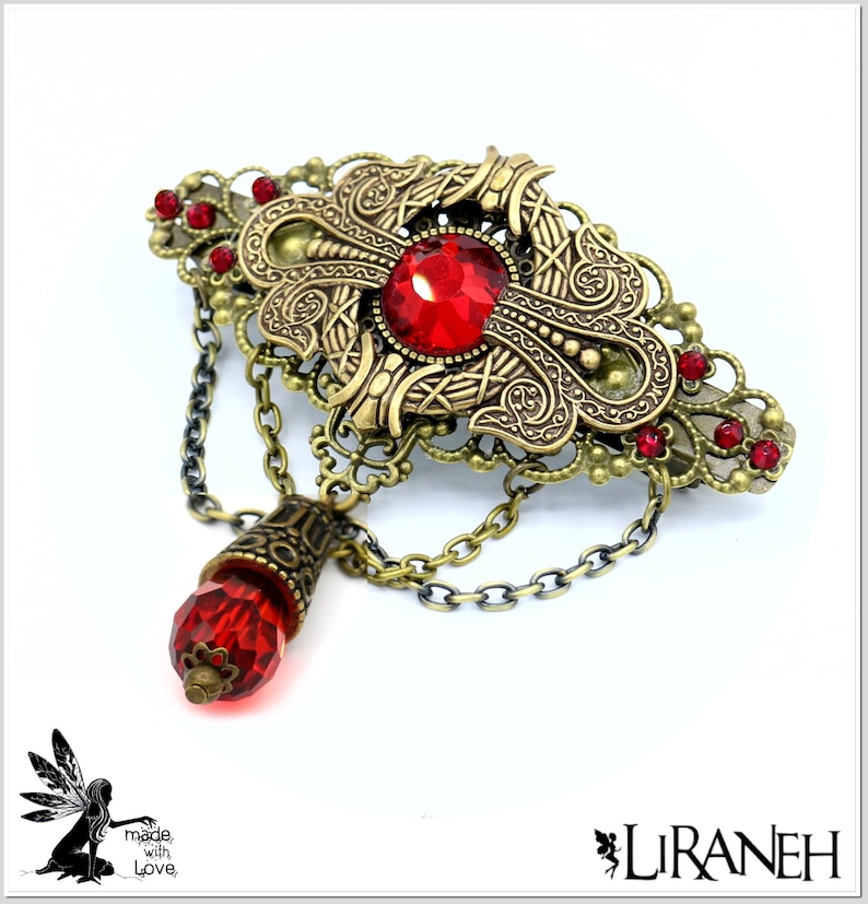 Edele LIRANEH hair clip glass cut cabochon and drops with rhinestones red frilled frame ornaments from America