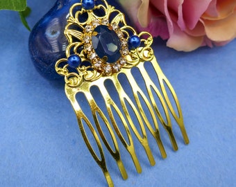 Small glamorous royal hair comb with blue resin half pearls and clear resin crystals
