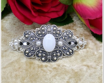 Hair clip silver-colored ornament (silver-plated brass) with rhinestone white glass cabochon oval