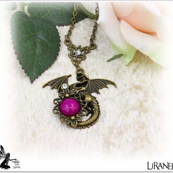 LIRANEH necklace necklace (Hk-11) bronze DRAGON dragon chain jade cabochon magenta rhinestone crystal