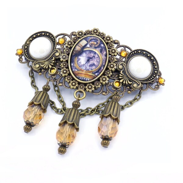 LIRANEH hair clip bronze colored (No. 67) STEAMPUNK ** in antique style with rhinestones and glass cut drops topaz colored pearlized porcelain cabochon