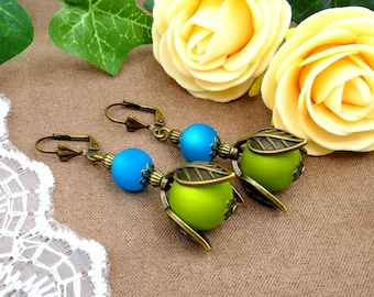 Polaris earrings bronze colored • Boho • Vintage • Polaris beads • blue/olive green