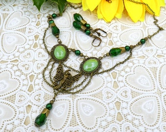 Jewelry set elf necklace earrings bronze / green