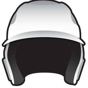 May include: A white baseball batting helmet with a black interior lining and a black outer trim. The helmet features a rounded top, a front brim, and ear protection flaps on both sides, presented in a clean, graphic illustration style.