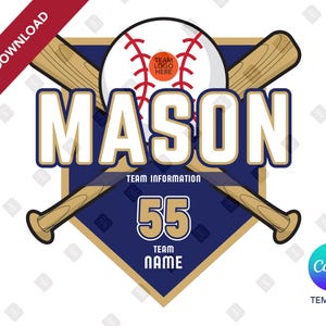 Op de afbeelding: Honkbalthema-ontwerp met de naam "MASON" in witte letters over een marineblauwe honkbalplaatvorm. Inclusief gekruiste honkbalknuppels, een honkbal en het nummer "55". De woorden "TEAM INFORMATION" en "TEAM NAME" zijn ook aanwezig.
