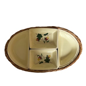 Vintage Off-White/Yellow Ceramic Strawberry Separated/Compartments Serving Dish w/ Basket - Made In Japan