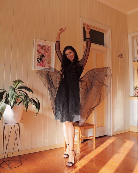 Black flocked polka dot long sleeve dress