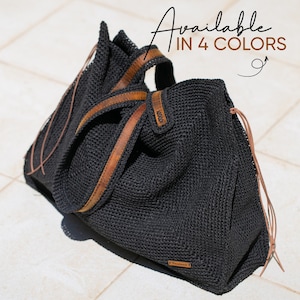 Black Tote Bag with Leather Handle, Shopping Bag, Straw Tote Bag, Crochet Daily Bag, Crochet Shoulders Bag, Handmade Black Bag Her Gift Idea