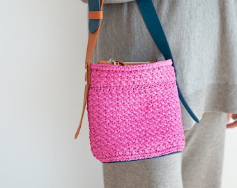 Fashion Womens Bag, Crossbody Raffia Bag, Crochet Raffia Bag, Aesthetic Handmade Bag, Shoulder Bag for Summer Day, Womens Bag, Pink Bag