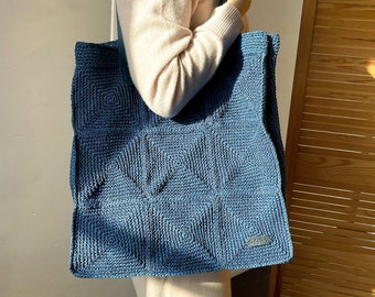 Large Shoulder Womens Bag, Crochet Raffia Tote Bag, Granny Square Bag Blue, Ideal for Beach, Chrochet Summer Bag, Farmers Market Trips