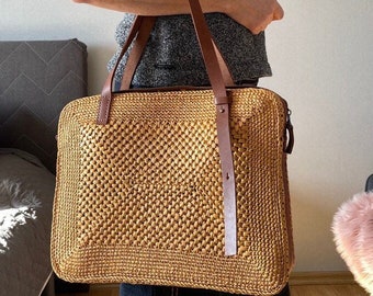 Raffia Computer Bag with Leather Handles, Womens Shoulder Computer Bag, Personalized Women Laptop Case with Zipper for 13 15 17 inch Makbook