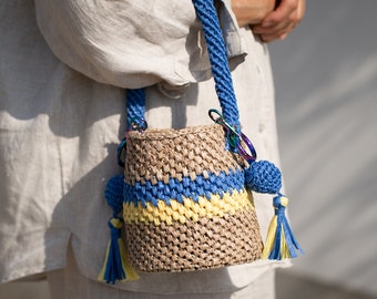 Raffia Handbag, Bucket Womens Bag, Summer Bag, Unique Gift, Women Crochet Bag, Crochet Shoulder Bag, Crochet Handbag, Small Bag for Summer