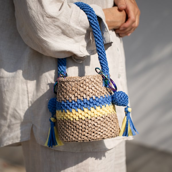 Raffia Handbag, Bucket Womens Bag, Summer Bag, Unique Gift, Women Crochet Bag, Crochet Shoulder Bag, Crochet Handbag, Small Bag for Summer