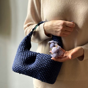 Blue Evening Womens Party Clutch, Crochet Raffia Handbag,  Small Top Handle Bag, Birthday Gift Idea for Her