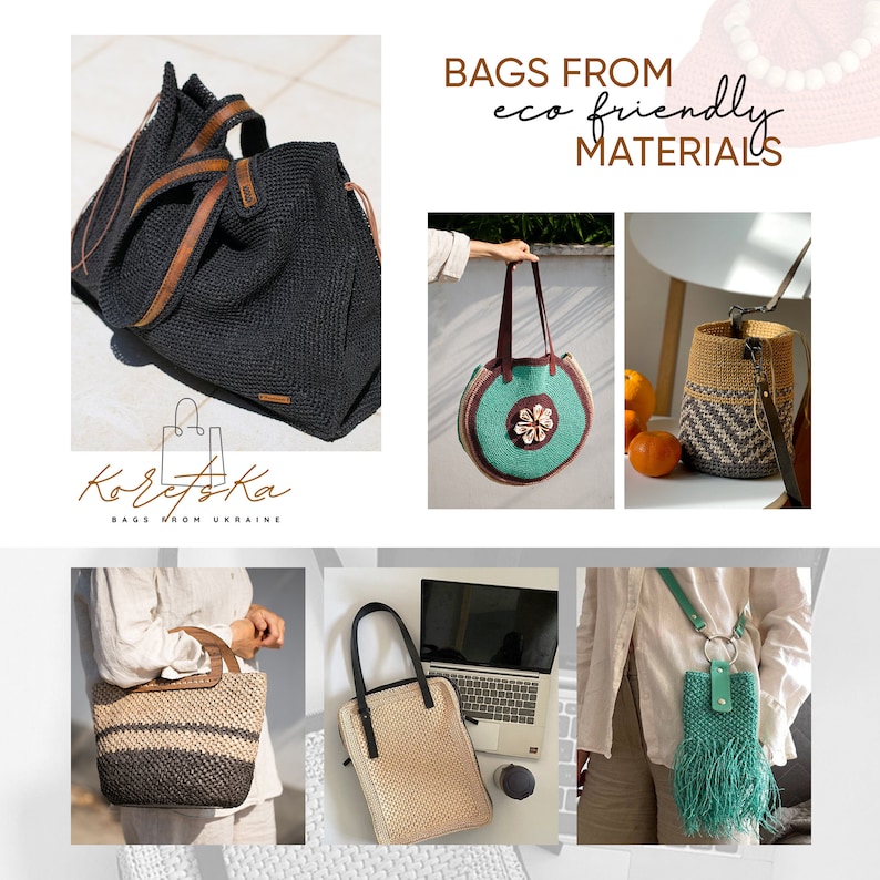 May include: Assortment of handmade bags made from eco-friendly materials. The bags are in various styles and colors, including black, brown, beige, green, and blue. The bags are made from natural materials like jute, cotton, and leather. The text "BAGS FROM eco friendly MATERIALS" is displayed at the top of the image.