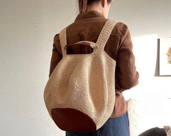 Crochet Raffia Tote Backpack: Large Boho Beach Bag with Leather Accents