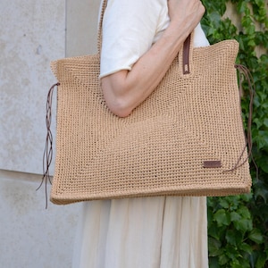 Summer Black Large Crochet Tote Bag with Leather Straps, Woven Blue Big Straw Shoulder Bag for Beach and Shopping, Unique Christmas Gift