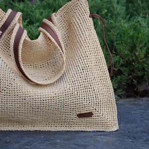 Crochet Raffia Beach Tote Bag: Large Handmade Handbag