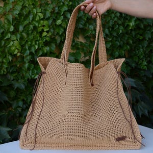Handmade Raffia Tote Bag: Large Crochet Shopper Bag Kraft