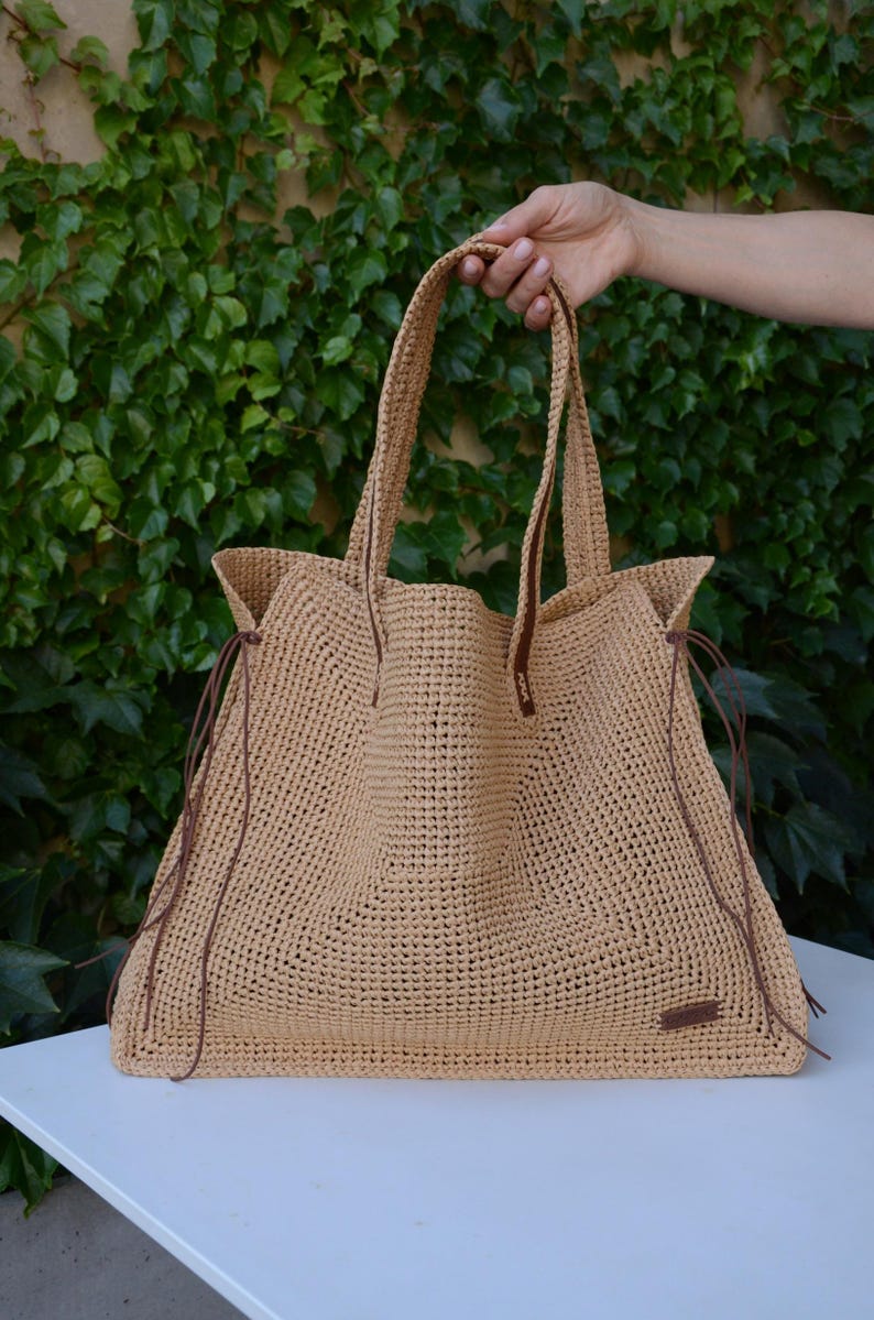 Handmade Raffia Tote Bag: Large Crochet Shopper Bag Kraft