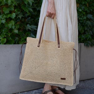 Handmade Raffia Tote Bag: Large Crochet Shopper Bag Khaki