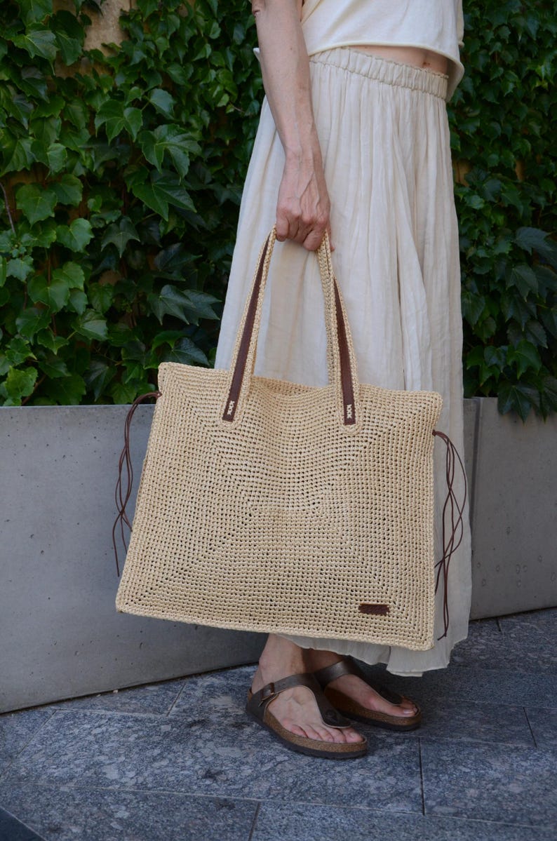 Handmade Raffia Tote Bag: Large Crochet Shopper Bag Khaki