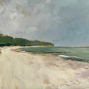 May include: An oil painting depicts a serene beach scene under a cloudy sky. The foreground shows a sandy beach, transitioning to a calm sea and a green, tree-covered hill in the distance. The artwork uses muted tones of beige, green, and gray.