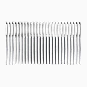 May include: A row of 20 silver sewing needles, all aligned in a straight line.