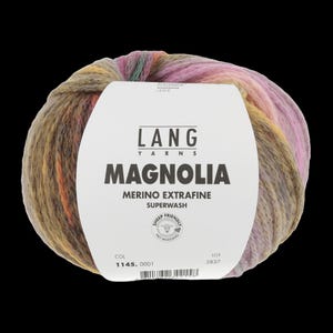 May include: A ball of Lang Yarns Magnolia merino wool in a blend of colours including pink, brown, and yellow. The label reads "Magnolia Merino Extrafine Superwash". The yarn is sheep-friendly and no mulesing.
