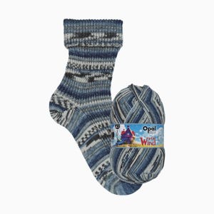 May include: A skein of blue, gray, and white yarn with the text "Opal Wirbel Wind" on the label. A knitted sock in the same color pattern is shown next to the yarn.