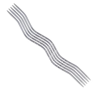 May include: A set of six silver-colored, curved knitting needles. Each needle has a pointed end and a flexible cable. The needles are marked with size information and the text "Made in Germany".