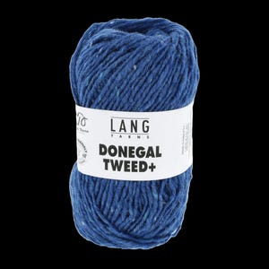 May include: A ball of blue Donegal Tweed+ yarn with a white label. The label reads "LANG YARNS" and "DONEGAL TWEED+". The yarn is a textured, speckled material, ideal for knitting and crochet projects.