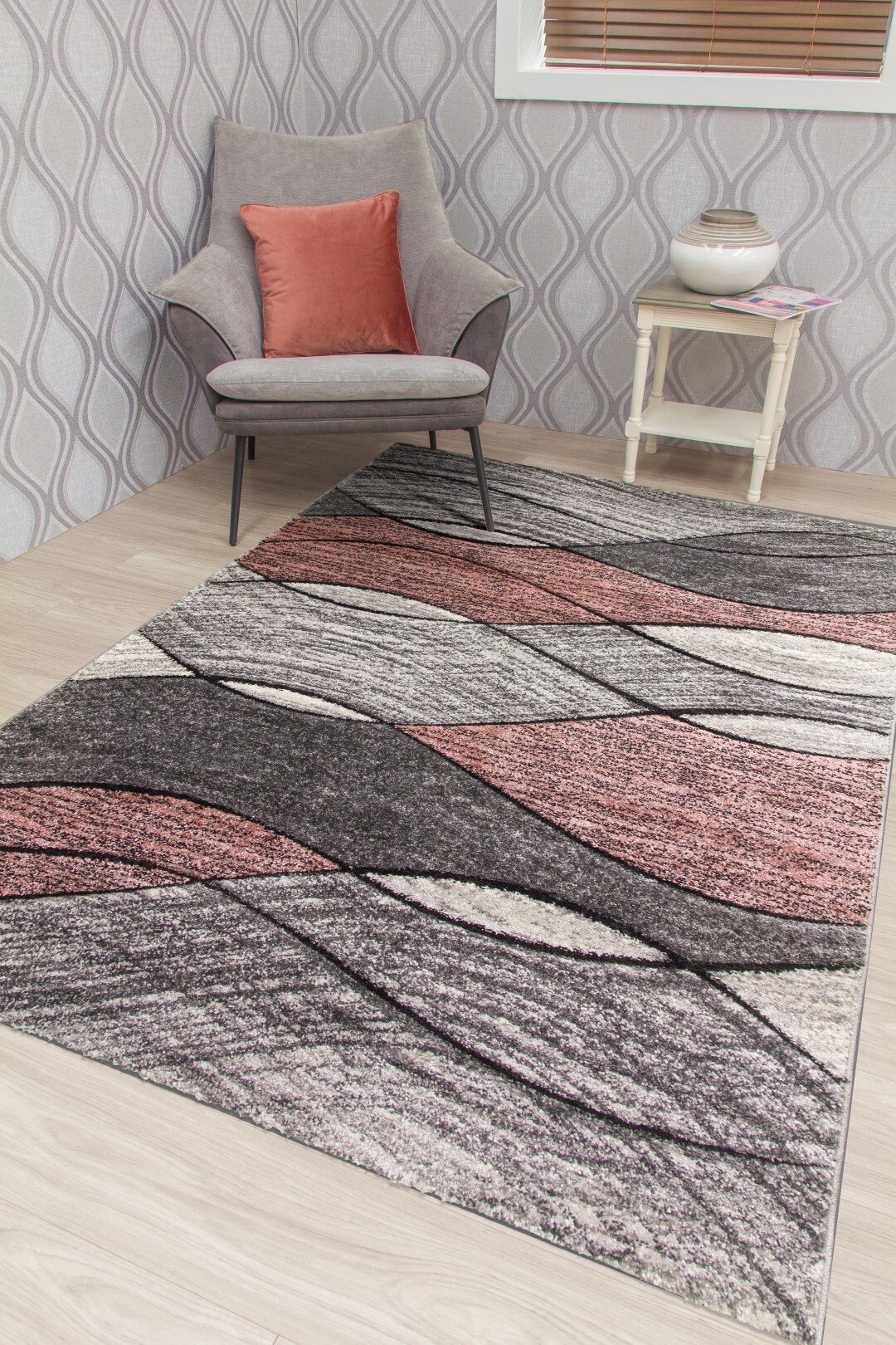 Living Room Rug Mat Pink Grey Wave Design Etsy UK