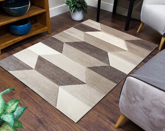 Living Room Rugs Mat Brown Beige Hexagon Design