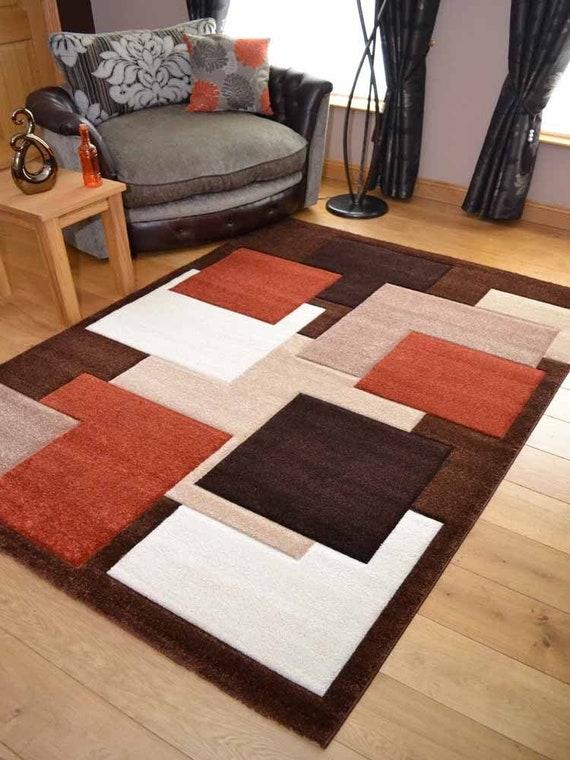 Living Room Rugs Mat Rust Terracotta Square Design Etsy