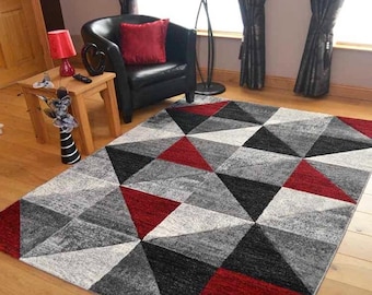 Living Room Rugs Mat Grey Red Triangle Design